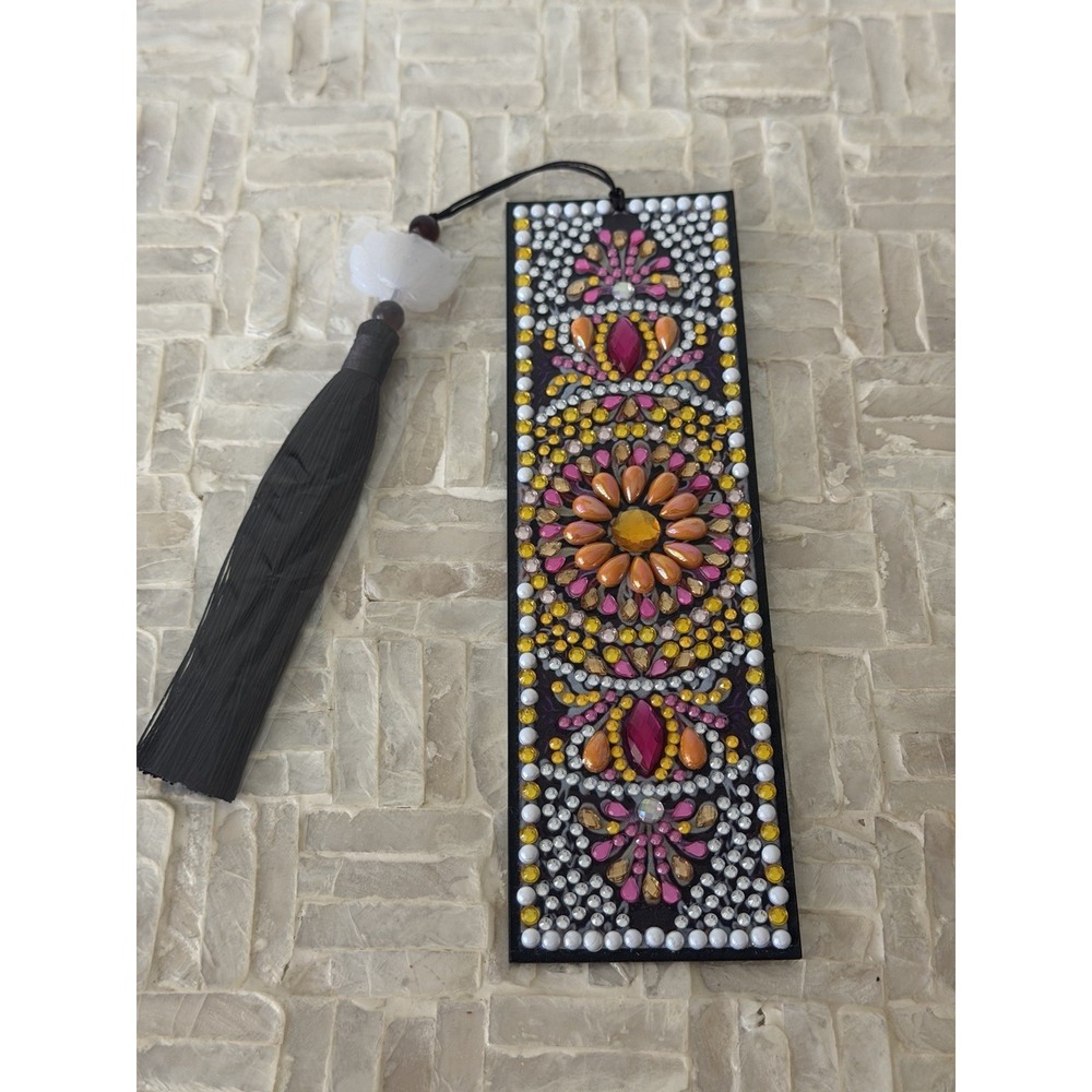 Jeweled Rhinestone Floral Bookmark Pink Orange Crystal Tassel 7.75" Boho